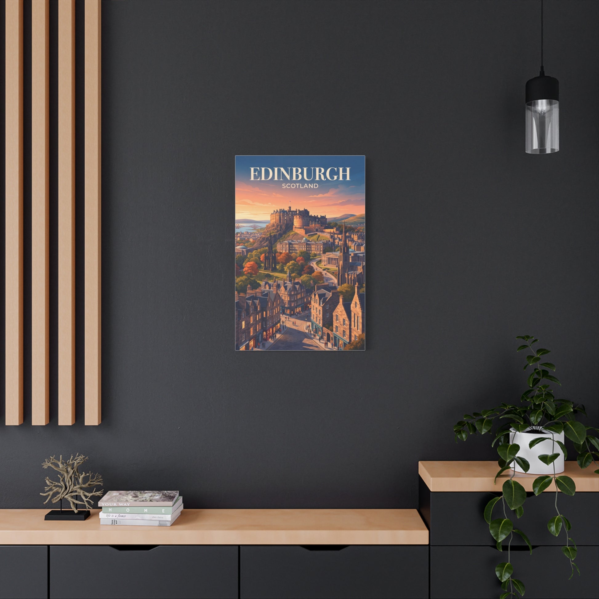 Vertical framed canvas wall art with Edinburgh Scotland skyline