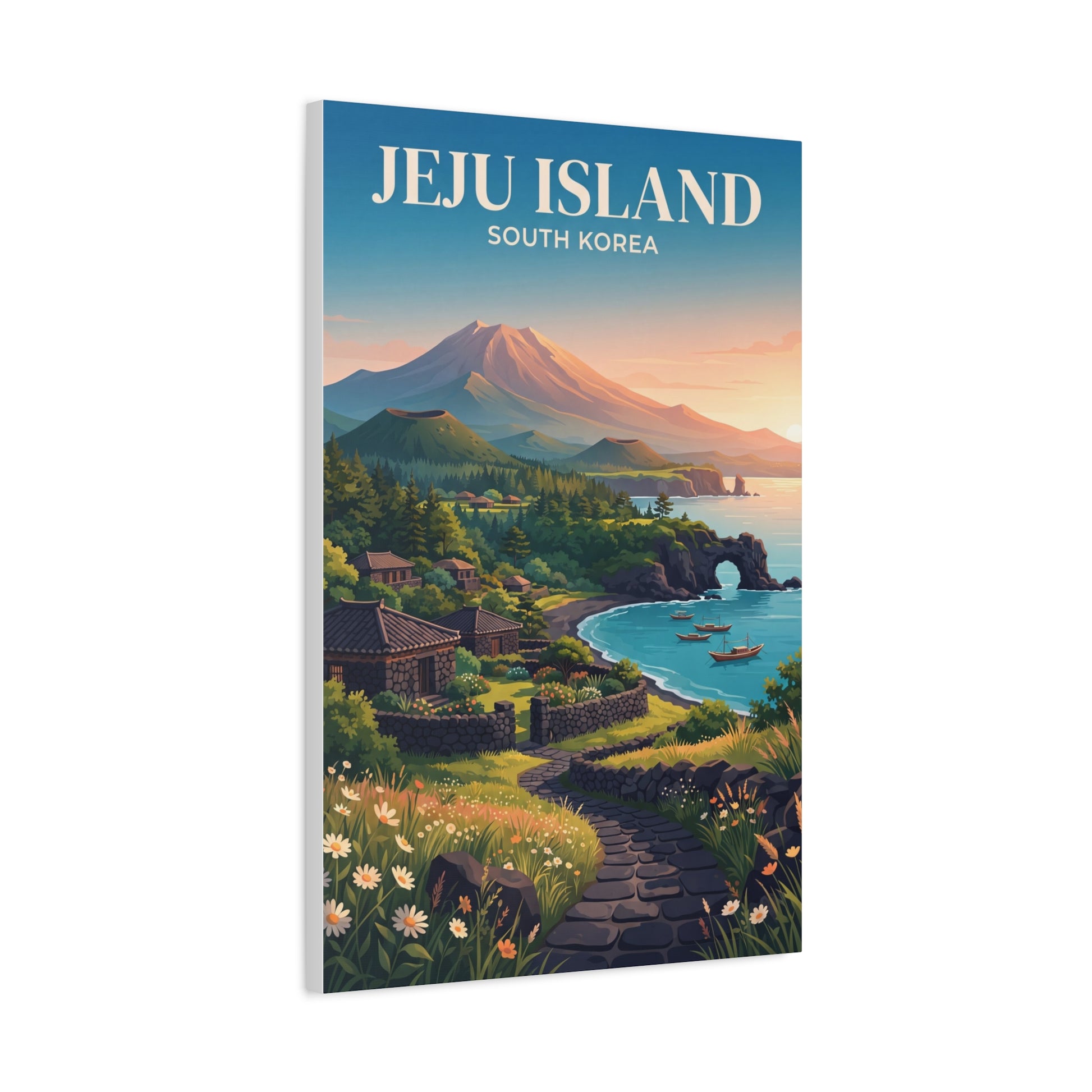 Matte canvas wall art, vertical Jeju landscape with coastline and boats, titled JEJU ISLAND