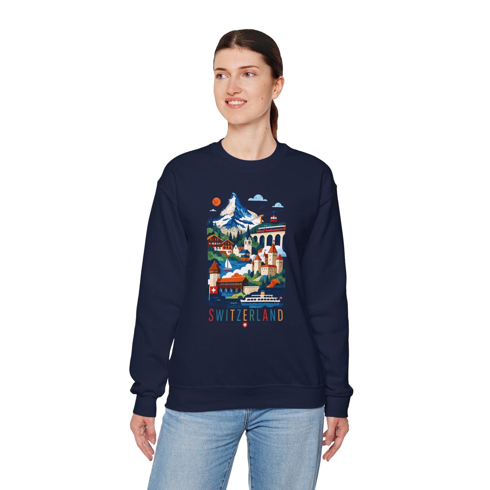 Navy crewneck sweatshirt with colorful Switzerland landscape graphic on front.