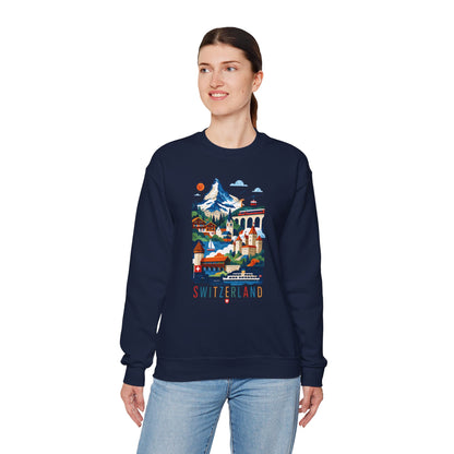 Navy crewneck sweatshirt with colorful Switzerland landscape graphic on front.