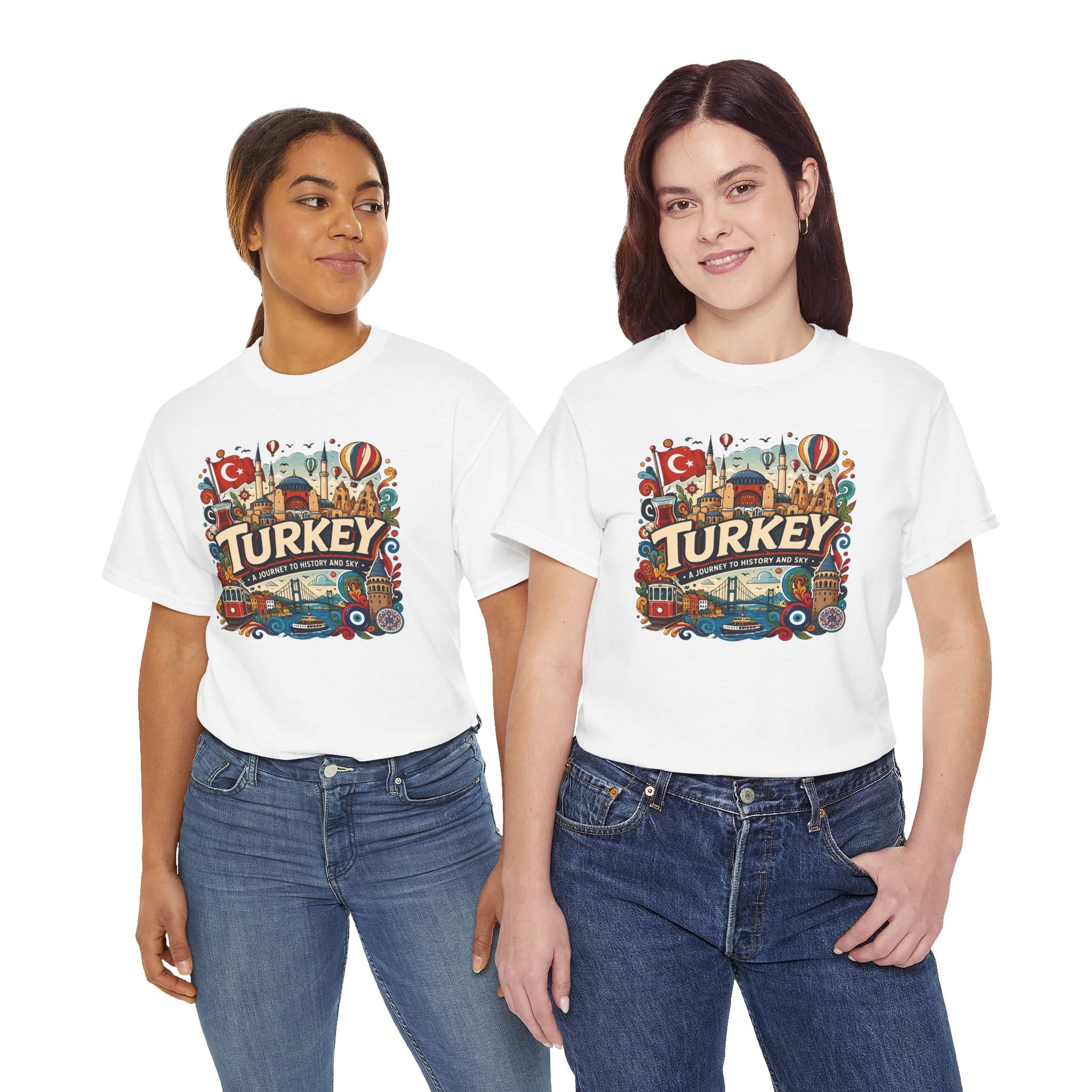 White crew-neck T-shirt with colorful Turkey graphic print, worn by two models