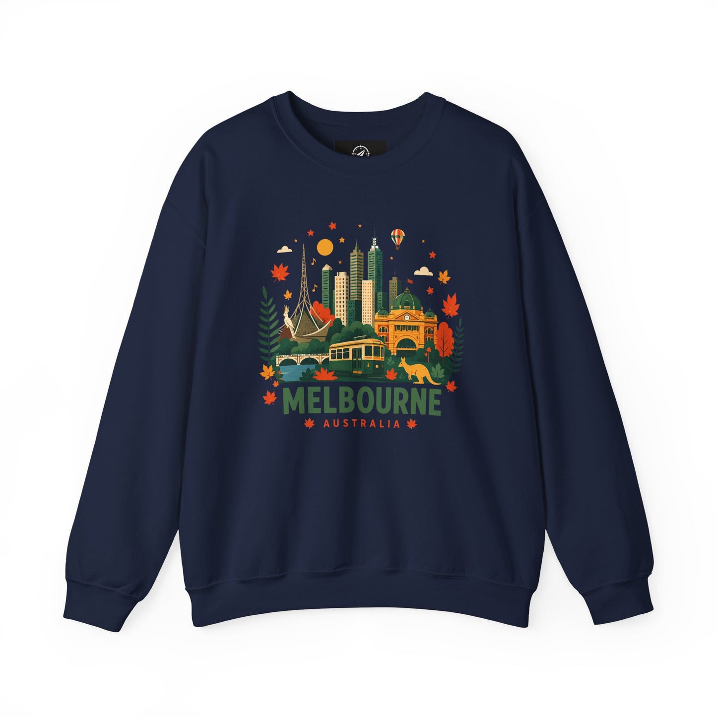 Melbourne cityscape sweatshirt, navy crewneck with colorful Melbourne graphic on front