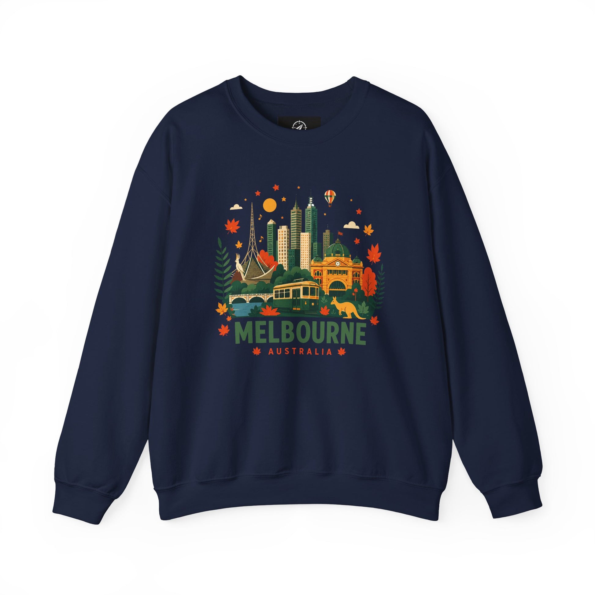 Melbourne cityscape sweatshirt, navy crewneck with colorful Melbourne graphic on front