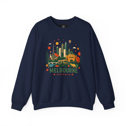 Melbourne cityscape sweatshirt, navy crewneck with colorful Melbourne graphic on front