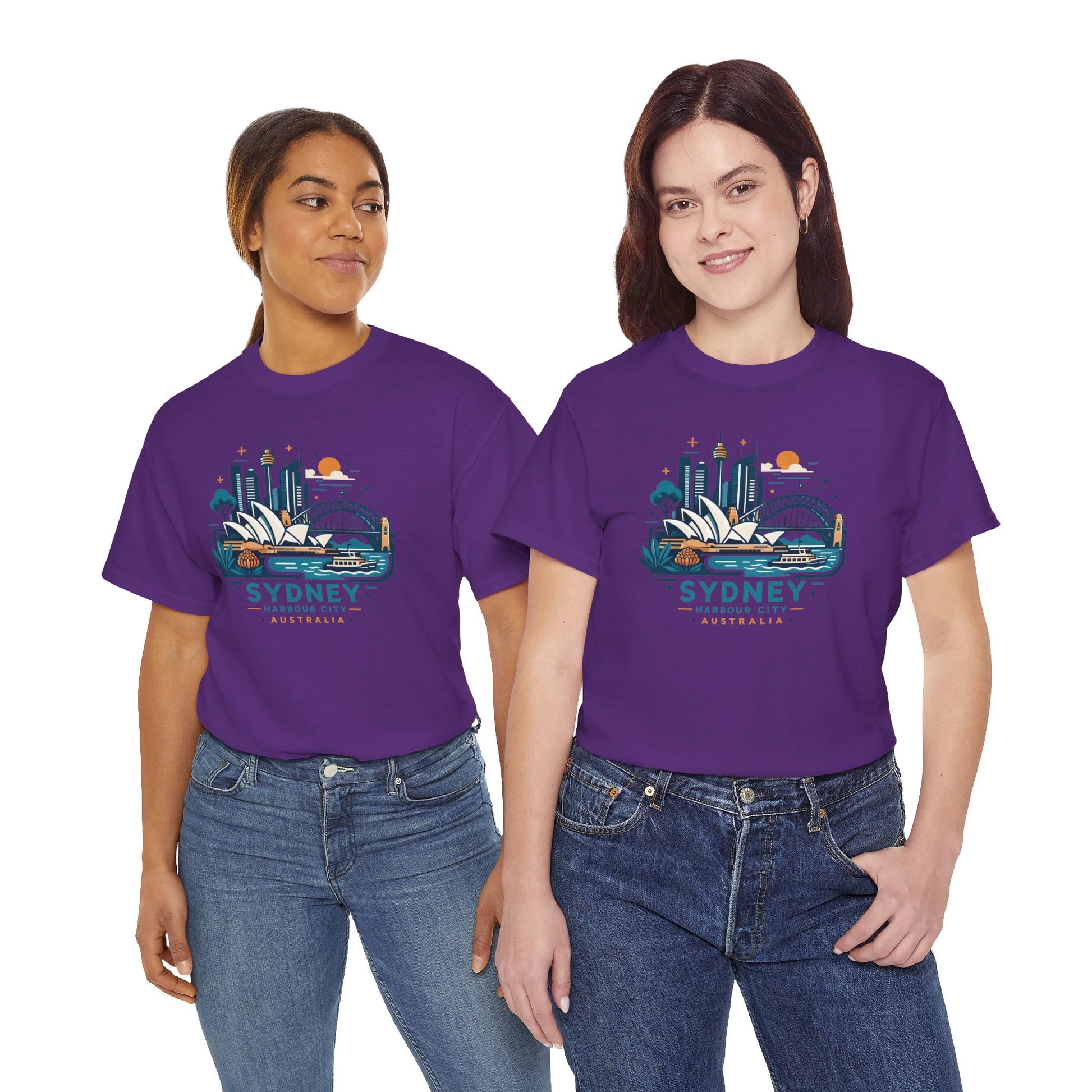 Purple crew-neck T-shirt with Sydney cityscape graphic on the chest