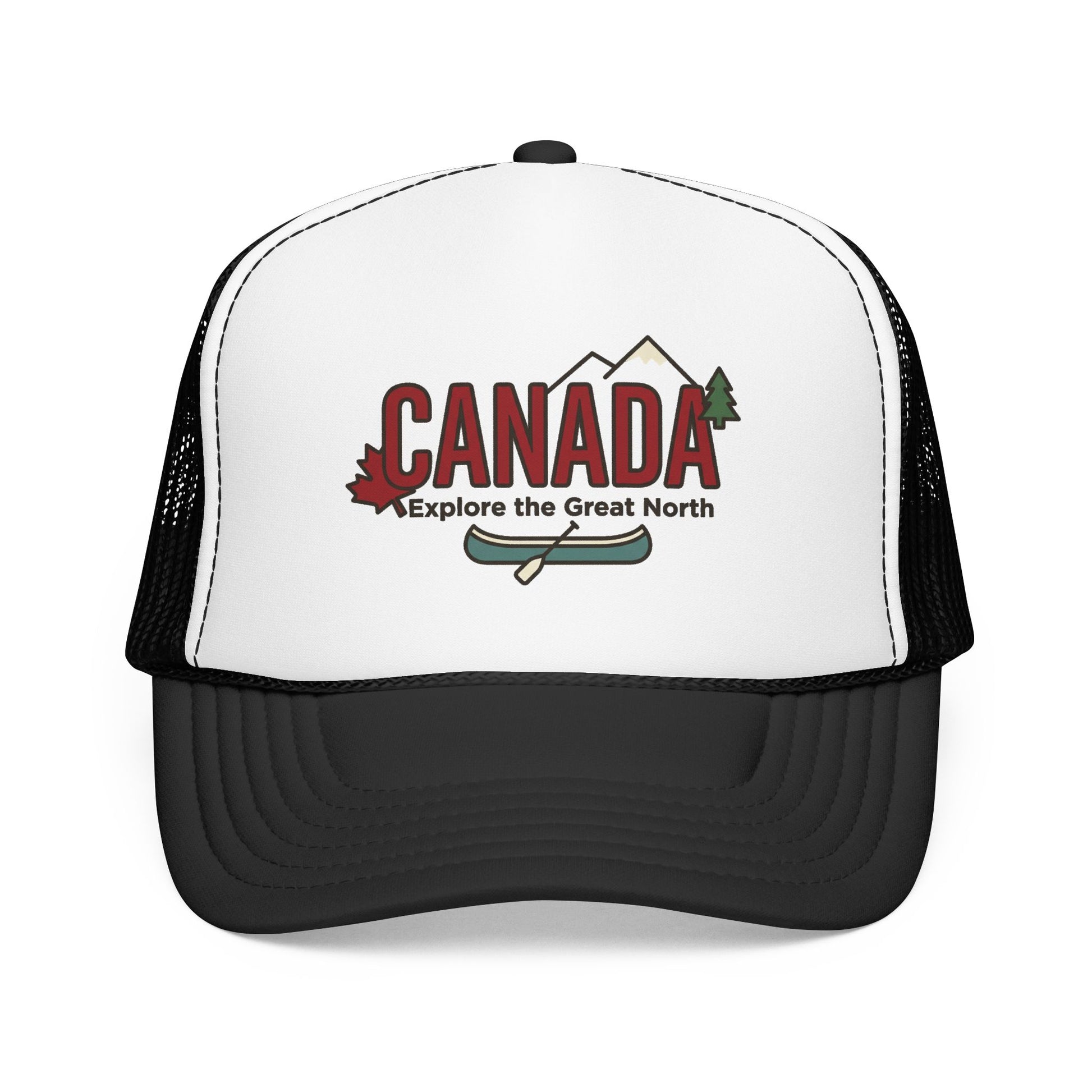 White foam trucker hat with Canada graphic front and black mesh sides.