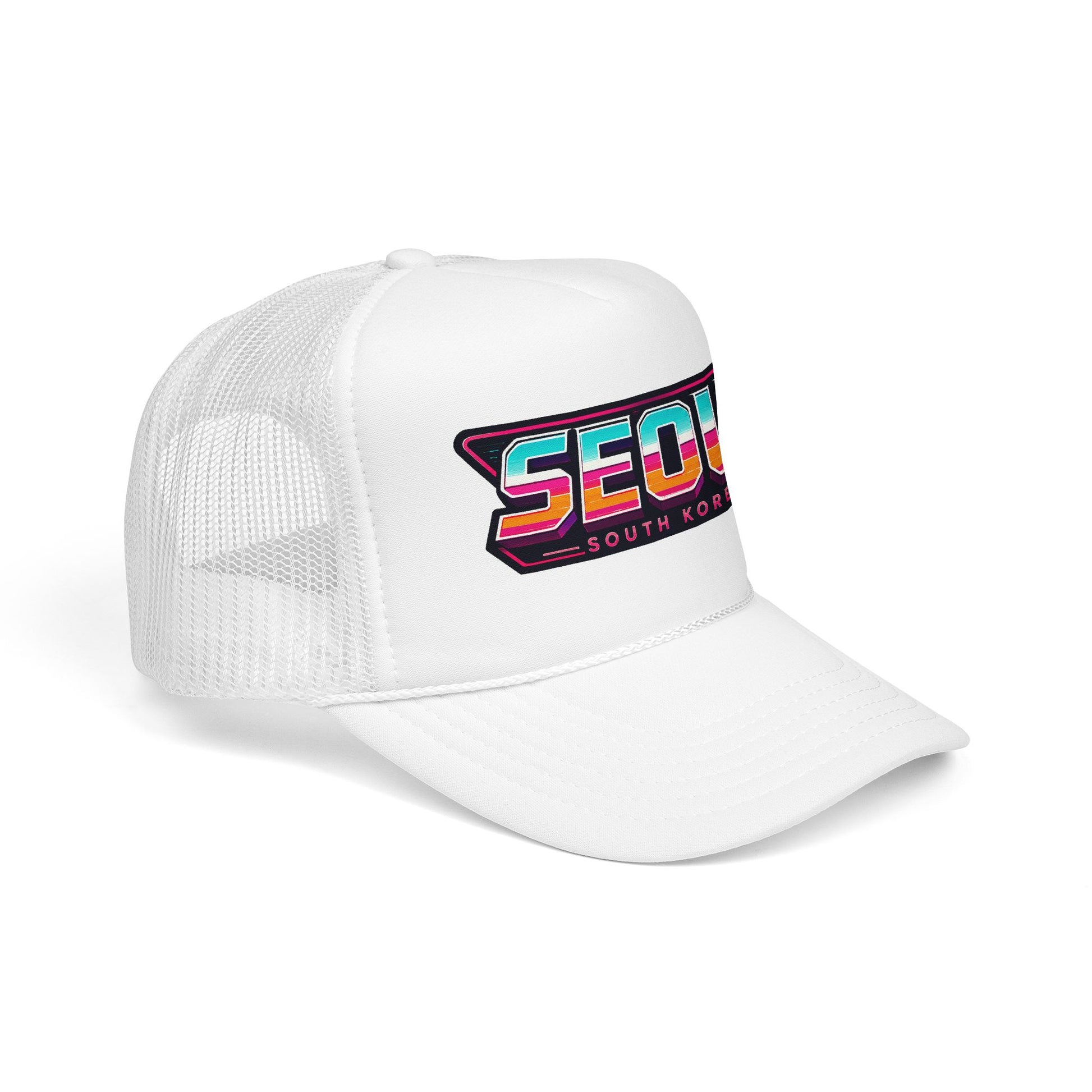 White mesh trucker hat with front logo patch reading “SEOUL SOUTH KOREA”.