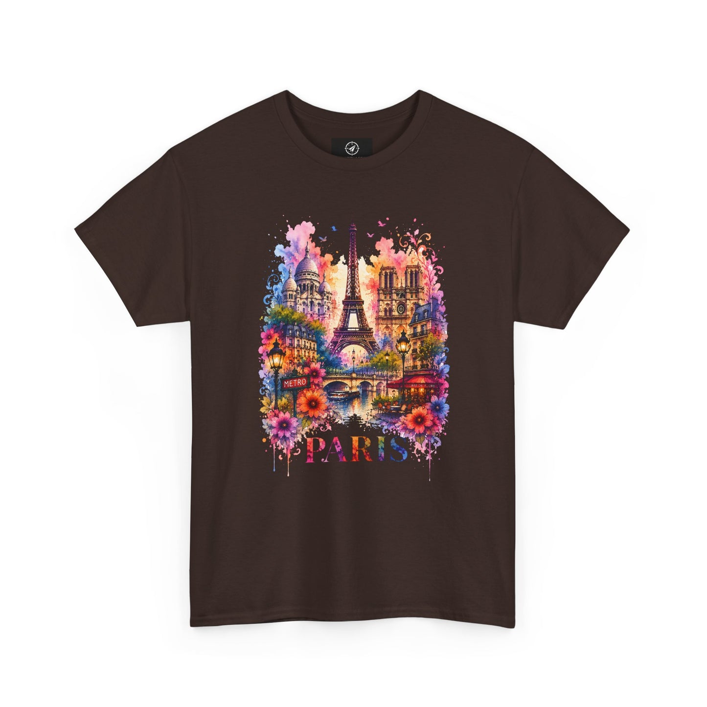 Unisex dark brown T-shirt with colorful floral Eiffel Tower graphic and “PARIS”