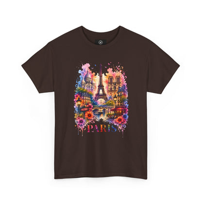 Unisex dark brown T-shirt with colorful floral Eiffel Tower graphic and “PARIS”