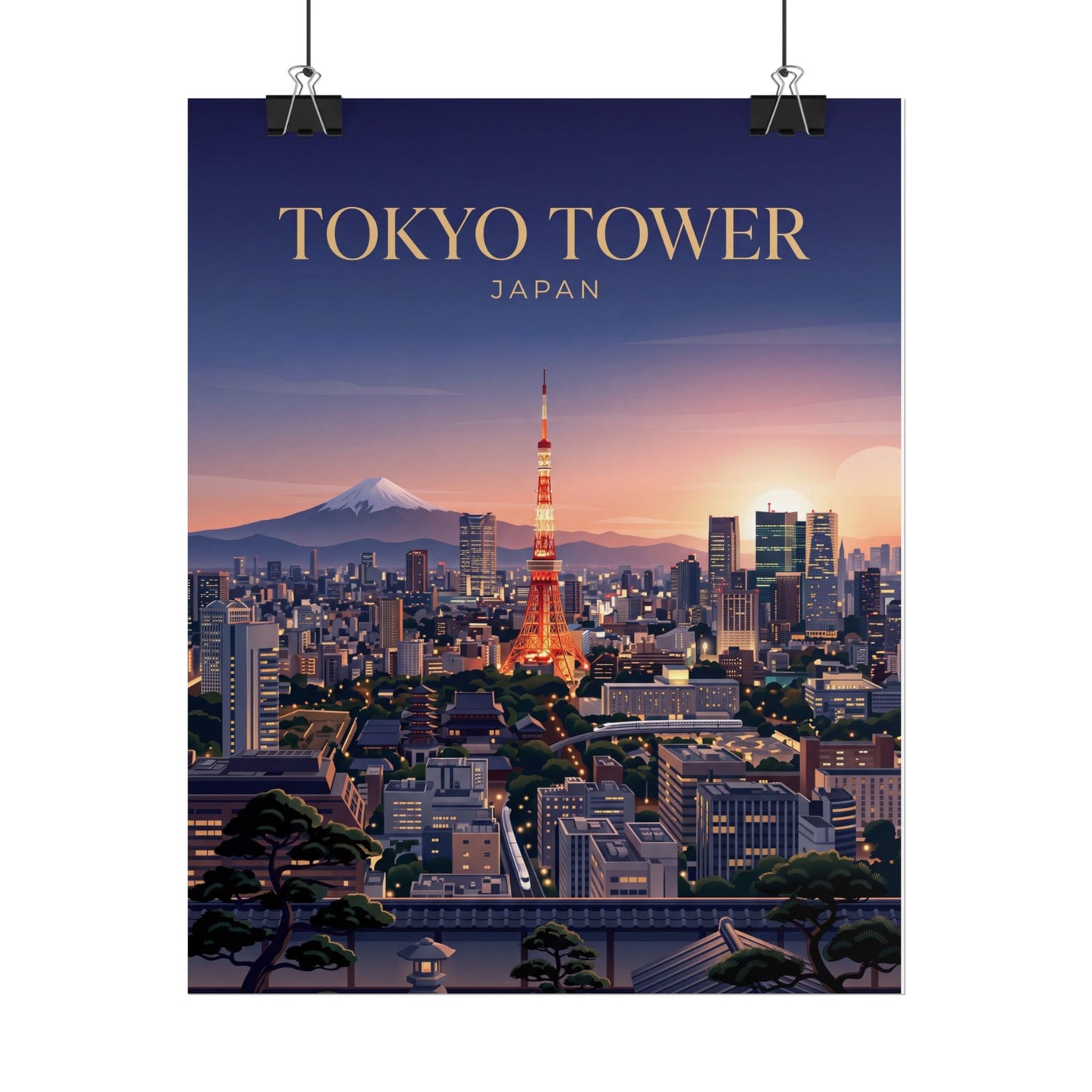 Tokyo Tower cityscape rolled poster, dark blue night sky with glowing tower and skyline