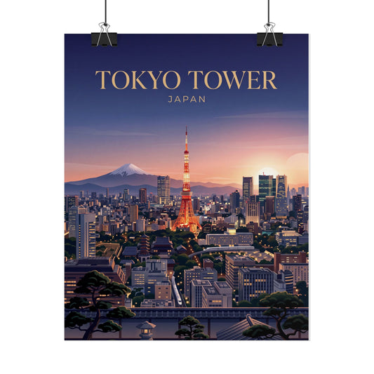 Tokyo Tower cityscape rolled poster, dark blue night sky with glowing tower and skyline