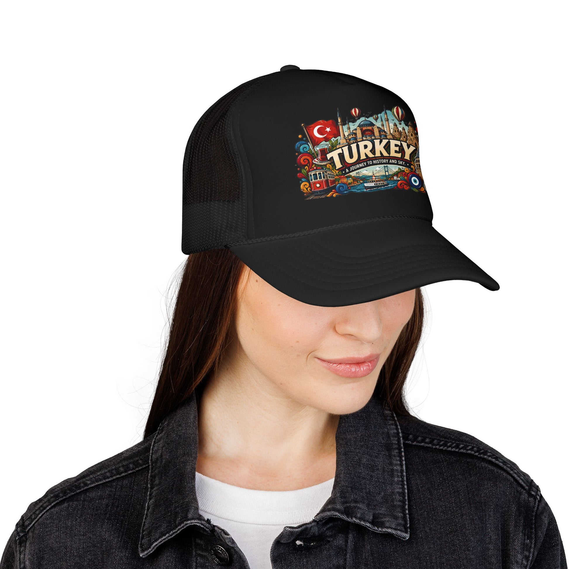 Black mesh trucker hat with Turkey graphic front panel; woman wearing it