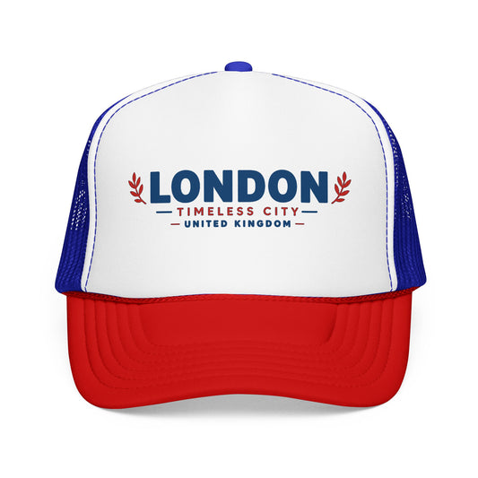 Two-tone foam trucker hat with London logo, white crown, blue mesh sides, red curved bill.
