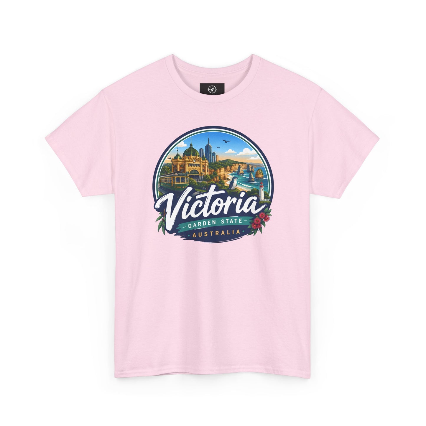 Light pink crew-neck travel t-shirt with circular Victoria landmark graphic print