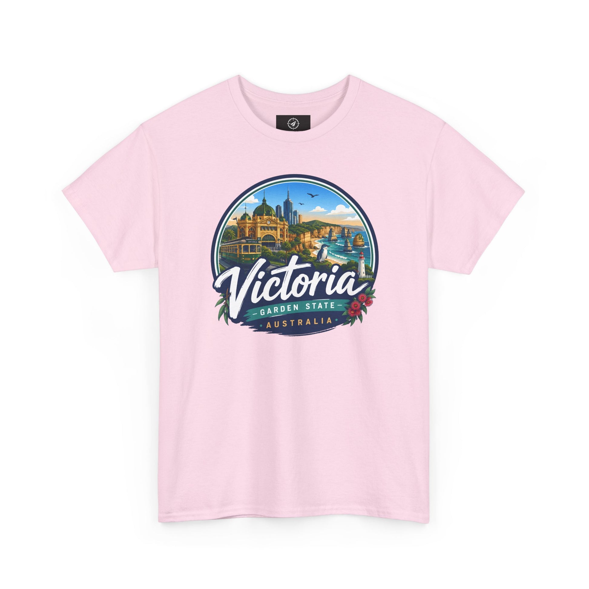 Light pink crew-neck travel t-shirt with circular Victoria landmark graphic print