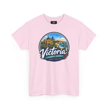 Light pink crew-neck travel t-shirt with circular Victoria landmark graphic print