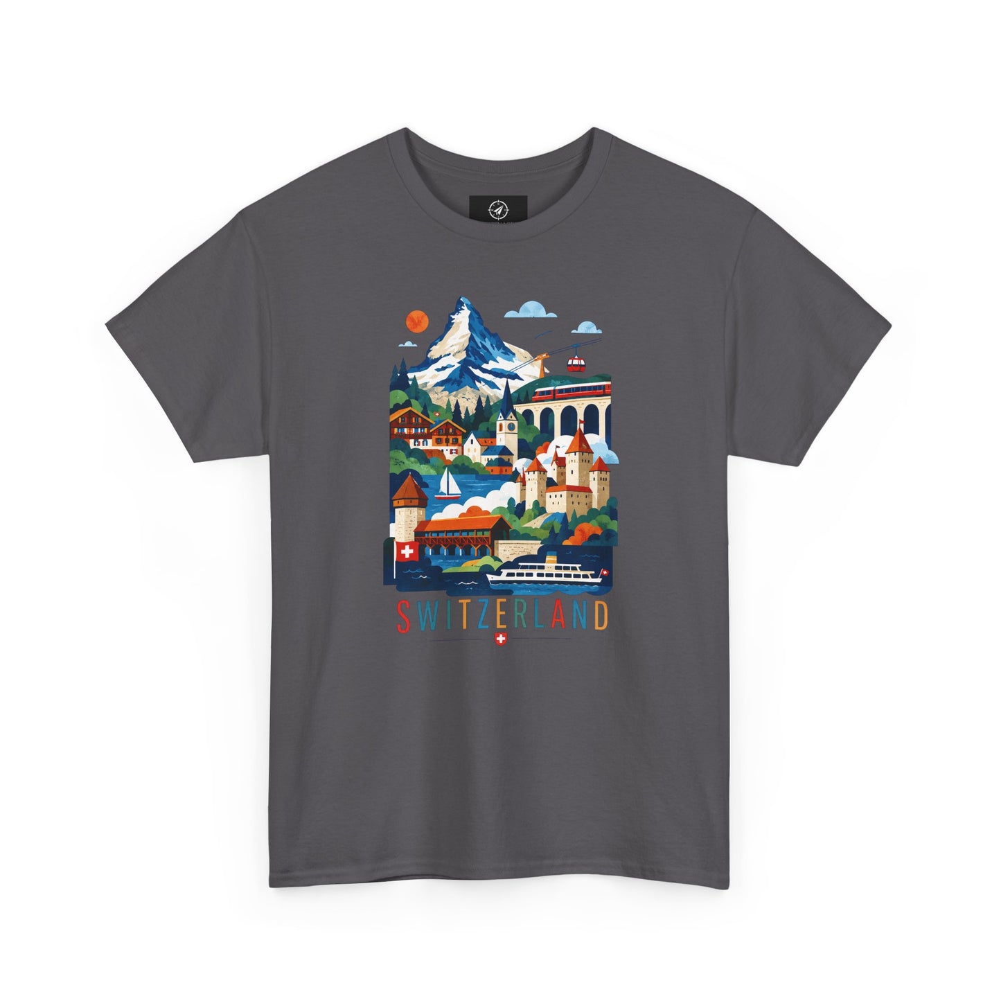Dark gray short-sleeve T-shirt with colorful Switzerland village graphic on front