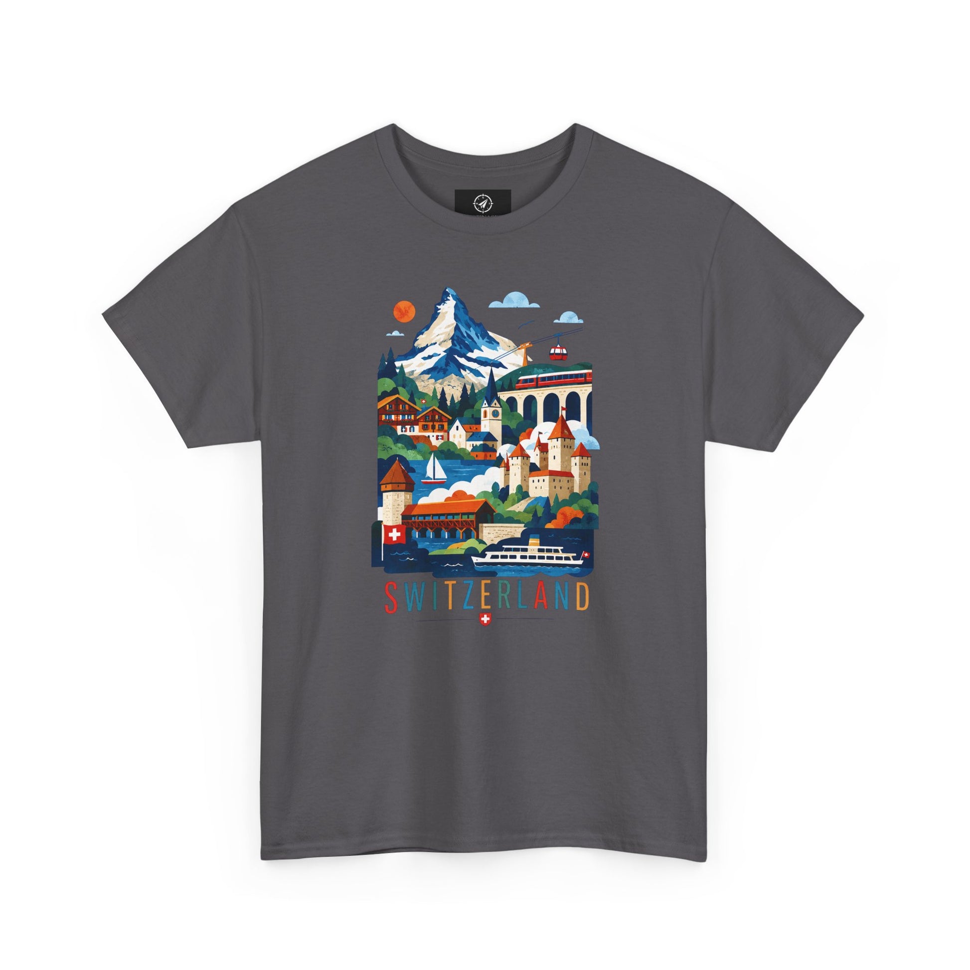 Dark gray short-sleeve T-shirt with colorful Switzerland village graphic on front