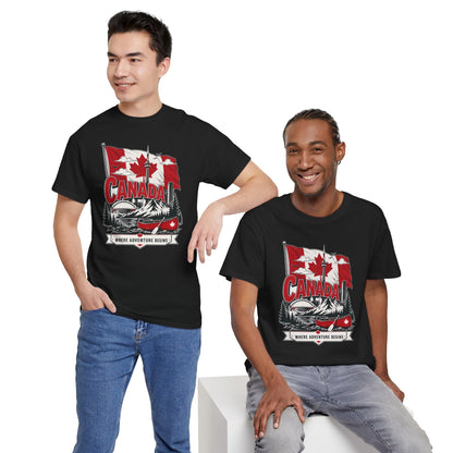 Men's black T-shirt with red Canada graphic front and crew neck.