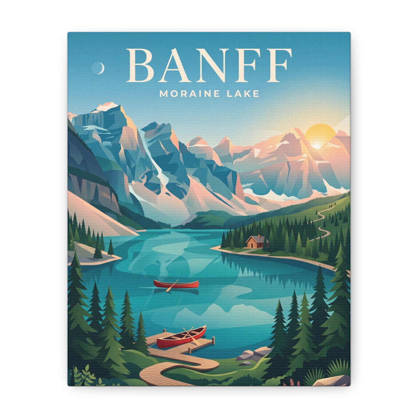 Banff Moraine Lake matte canvas wall art, BANFF text above lake, mountains, and red canoes