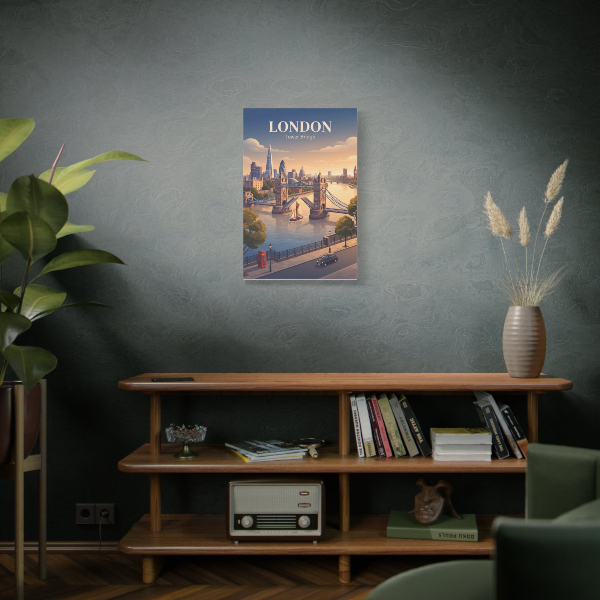 London Tower Bridge canvas wall art mounted on a wall, with “LONDON” heading and river bridge