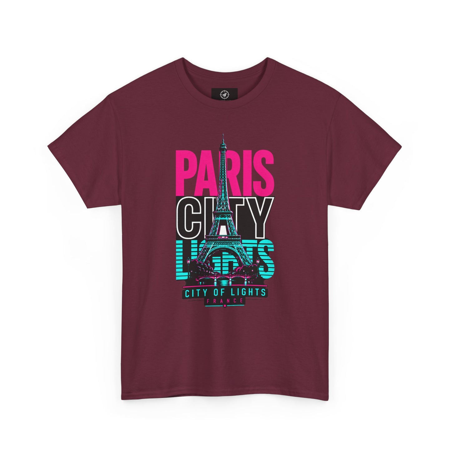 Maroon T-shirt with neon Eiffel Tower graphic and 'PARIS CITY LIGHTS' print