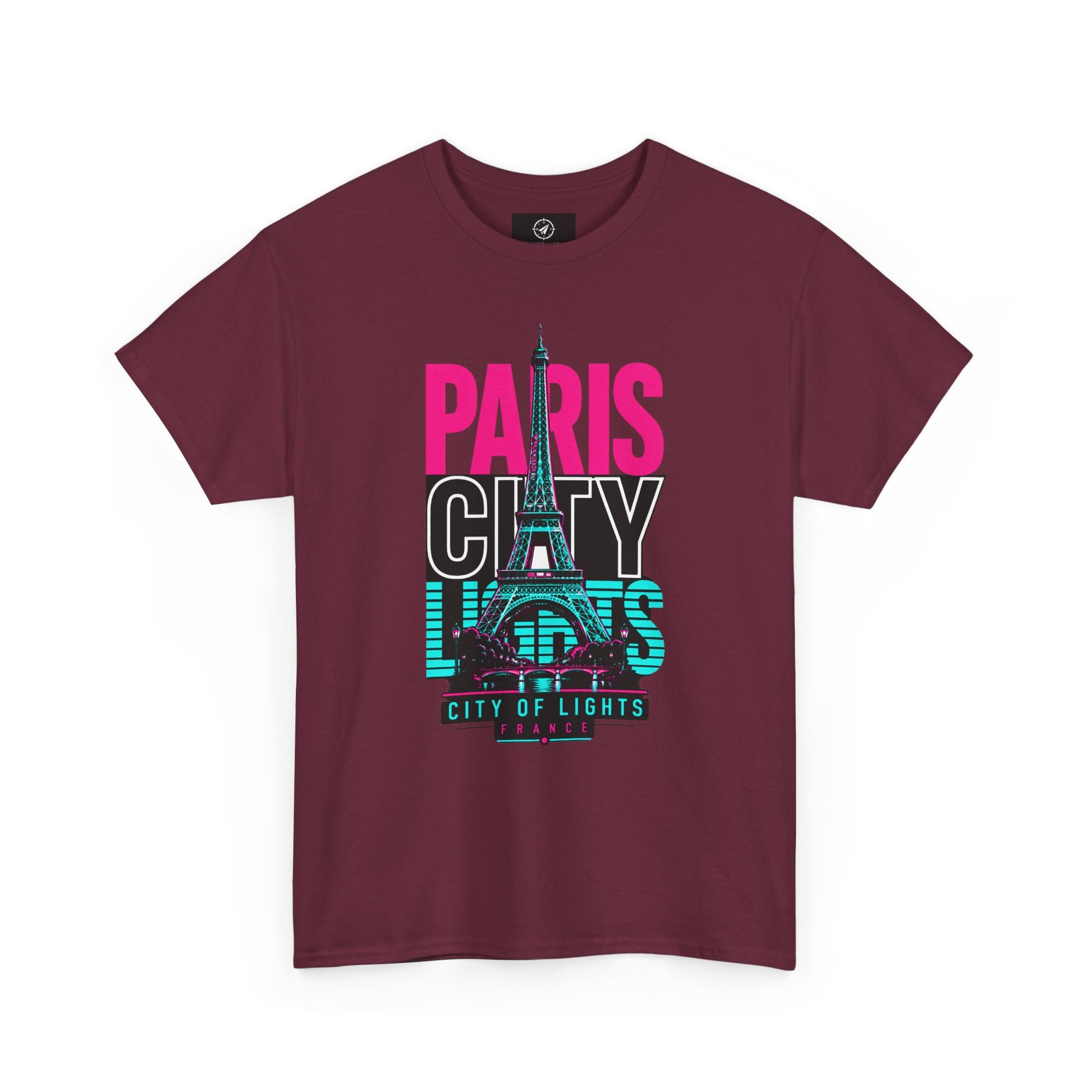 Maroon T-shirt with neon Eiffel Tower graphic and 'PARIS CITY LIGHTS' print