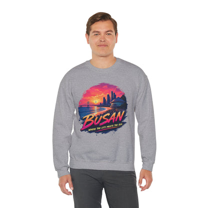 Heather gray crewneck sweatshirt with long sleeves and colorful front graphic print.