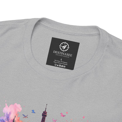 Charcoal gray T-shirt back with small black brand label and partial floral Eiffel artwork