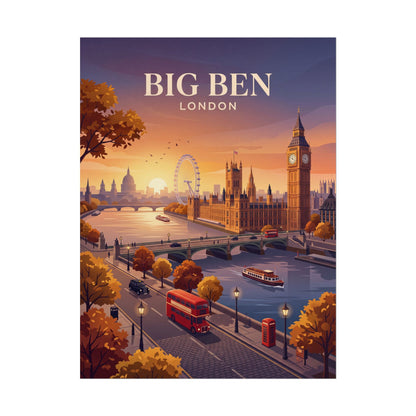 Vertical London skyline poster showing Big Ben, river bridge, ferris wheel, and red double-decker.