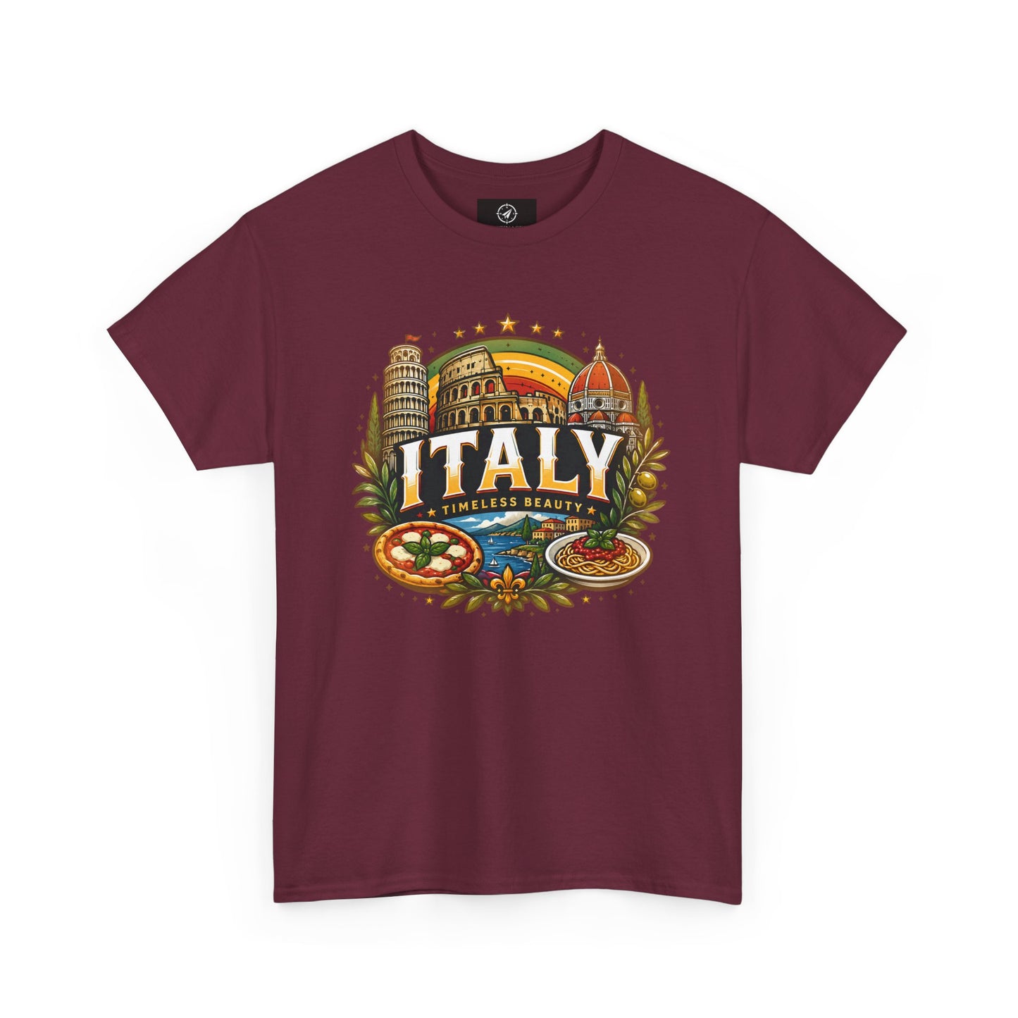 Maroon short-sleeve t-shirt with colorful Italy landmark front graphic