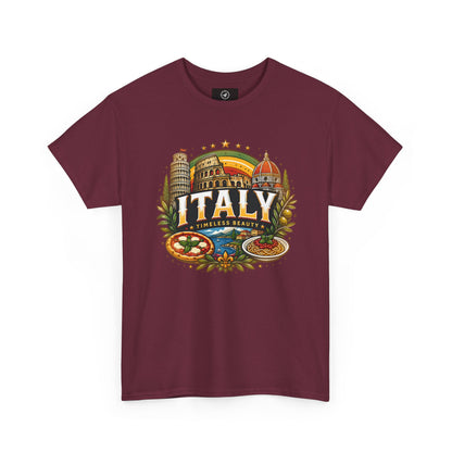 Maroon short-sleeve t-shirt with colorful Italy landmark front graphic