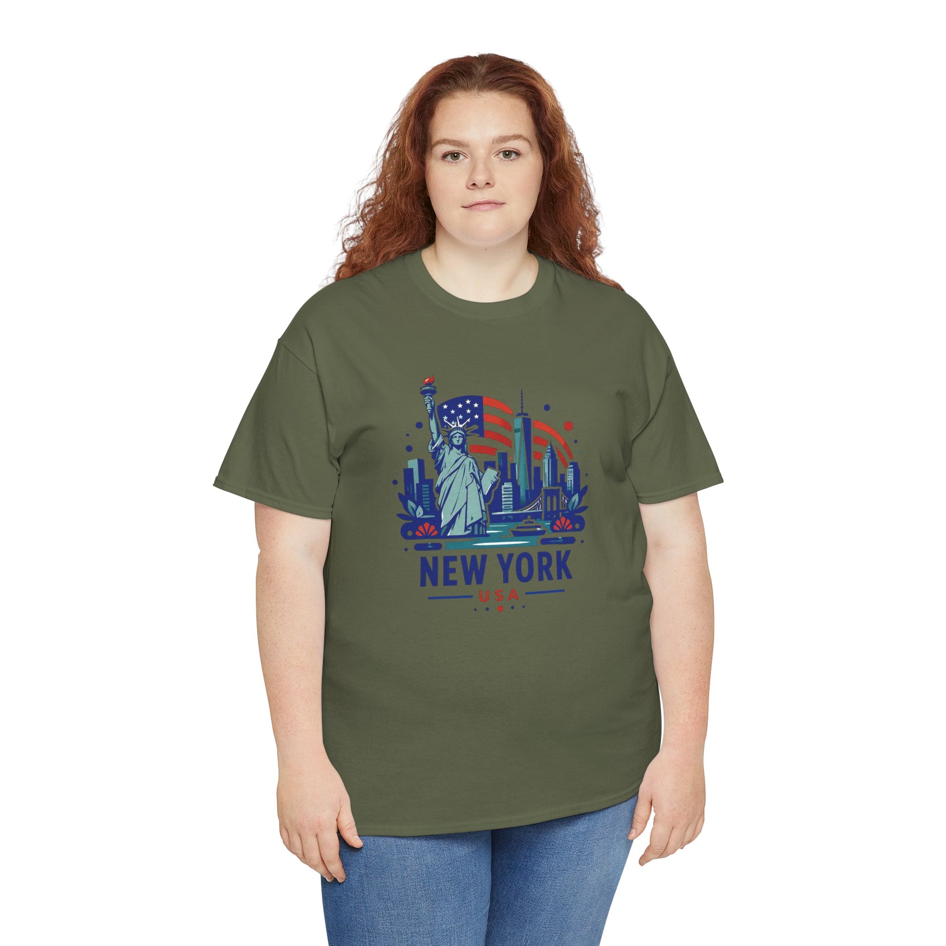 Olive green T-shirt with colorful Statue of Liberty graphic and 'NEW YORK USA' text.