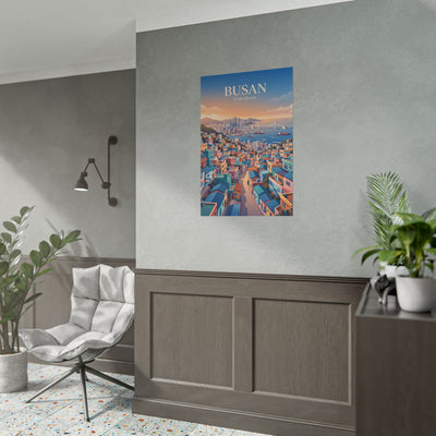 Small rolled poster of BUSAN Gamcheon city view, hung on a wall
