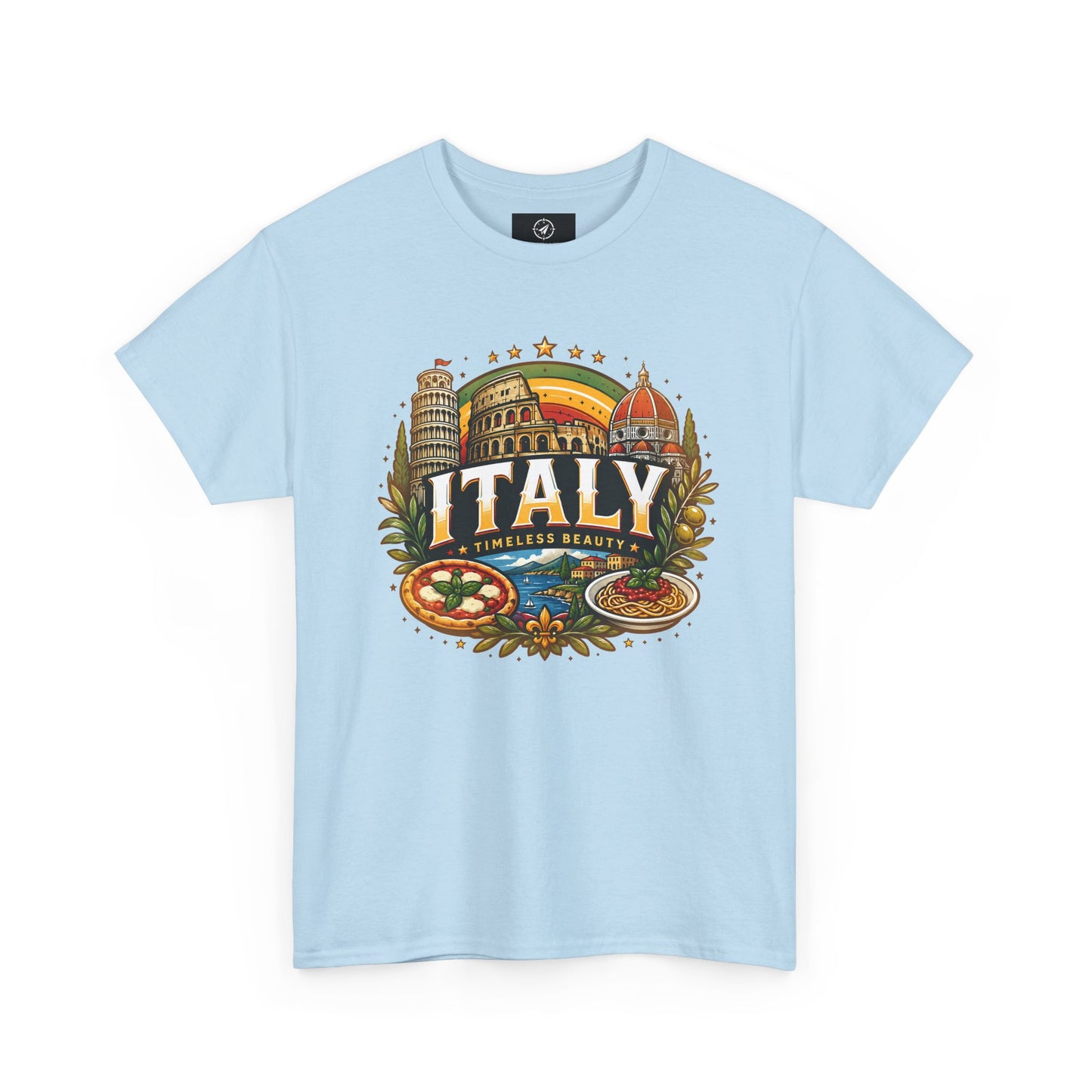 Light blue short-sleeve t-shirt with colorful Italy landmark front graphic
