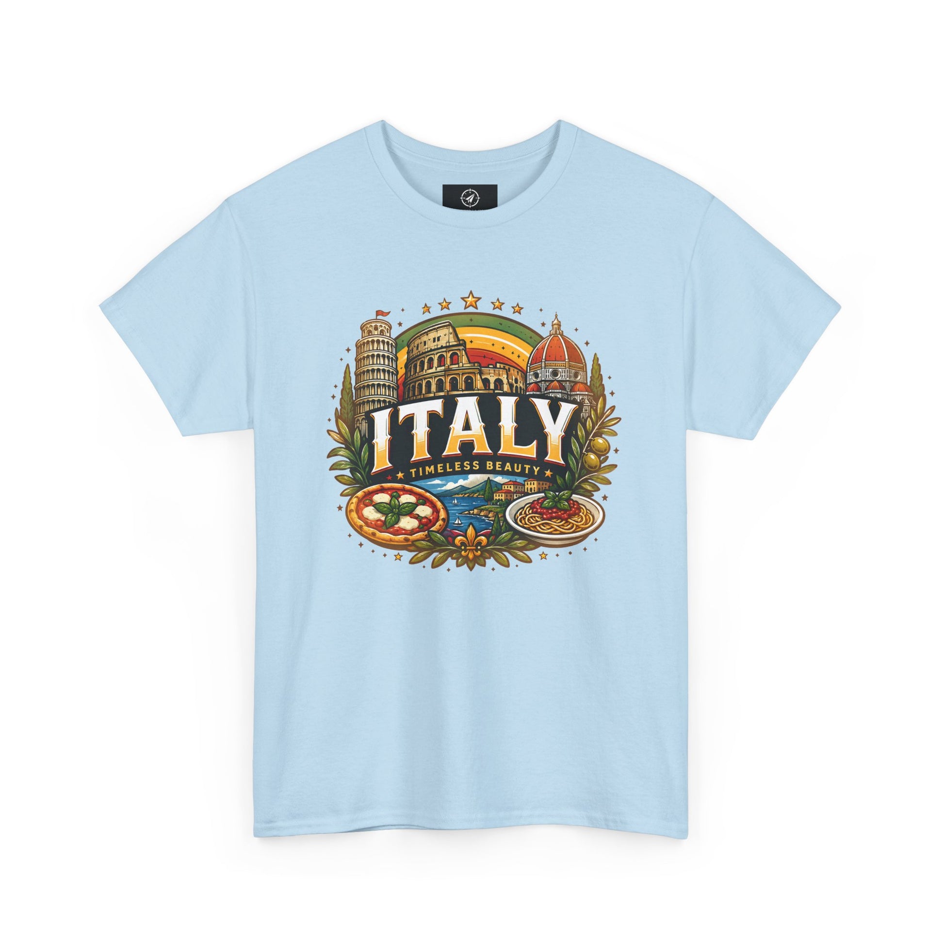 Light blue short-sleeve t-shirt with colorful Italy landmark front graphic