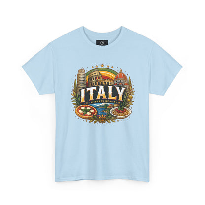 Light blue short-sleeve t-shirt with colorful Italy landmark front graphic