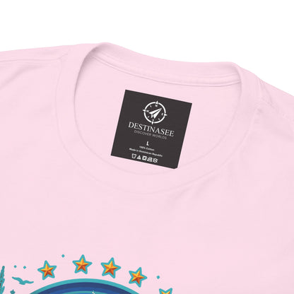 Light pink T-shirt neck and chest area with small logo label above graphic