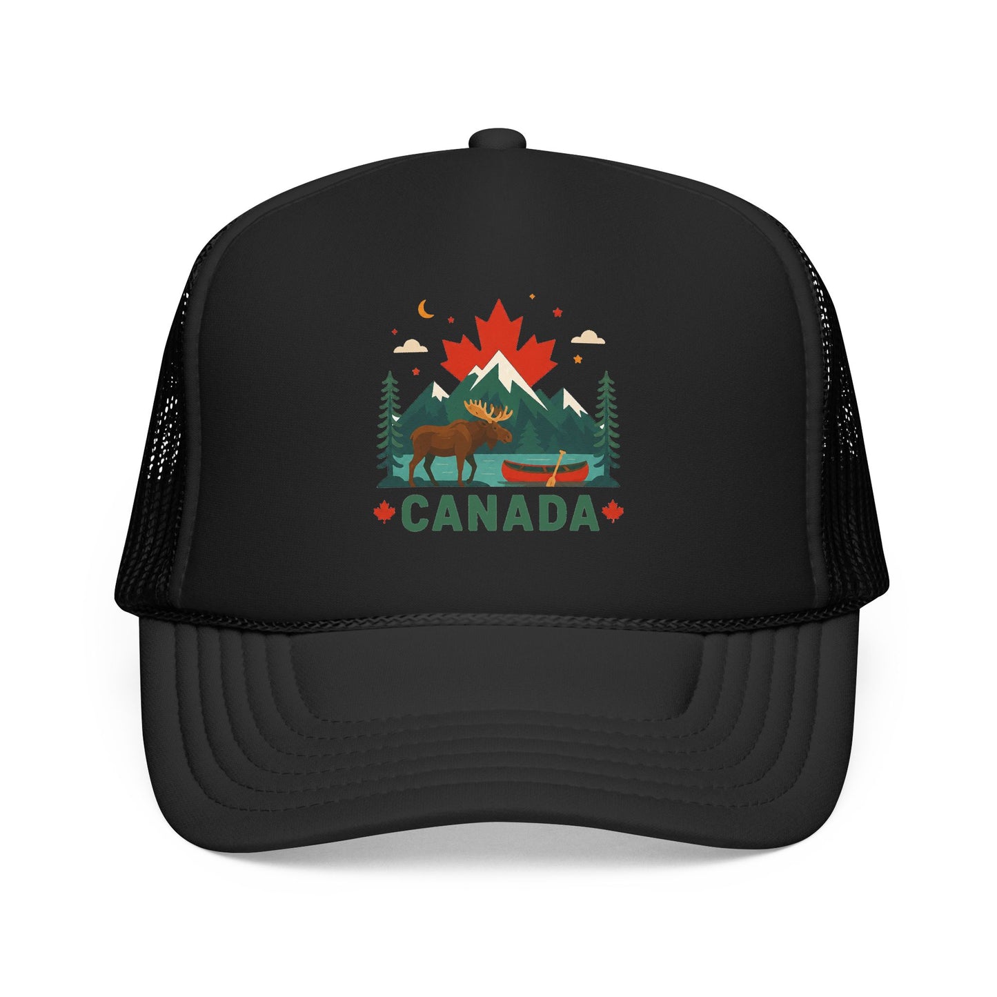 Black Canada moose trucker hat with front 'CANADA' graphic and mesh side panels