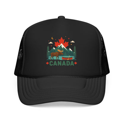 Black Canada moose trucker hat with front 'CANADA' graphic and mesh side panels