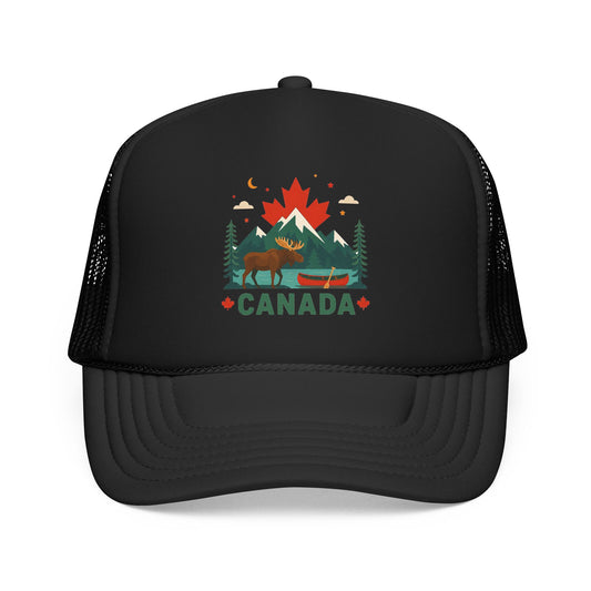 Black Canada moose trucker hat with front 'CANADA' graphic and mesh side panels