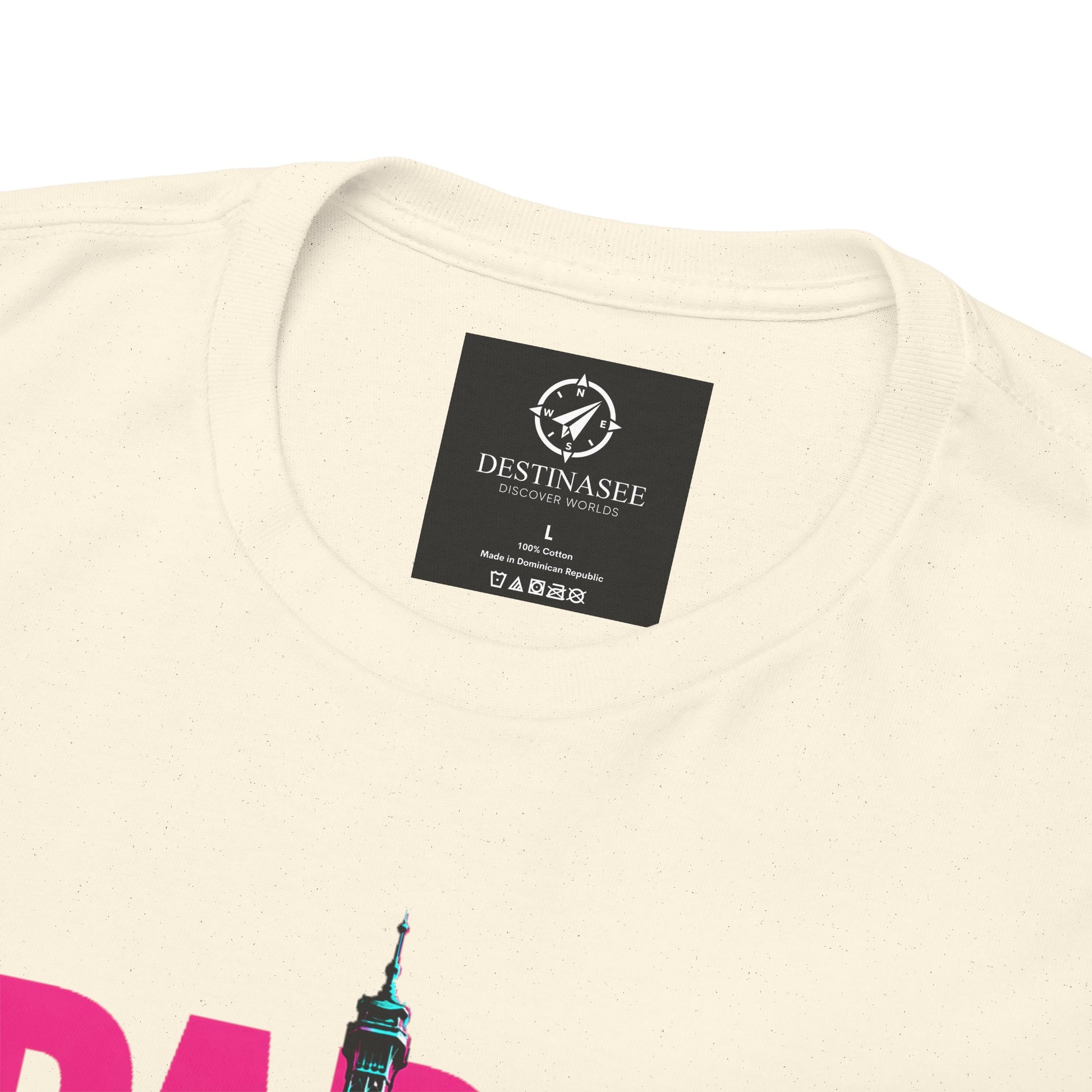 Off-white T-shirt close-up: neck label and neon Eiffel graphic