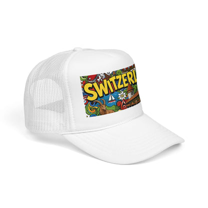 White trucker hat with mesh back and colorful “SWITZERLAN” front graphic patch