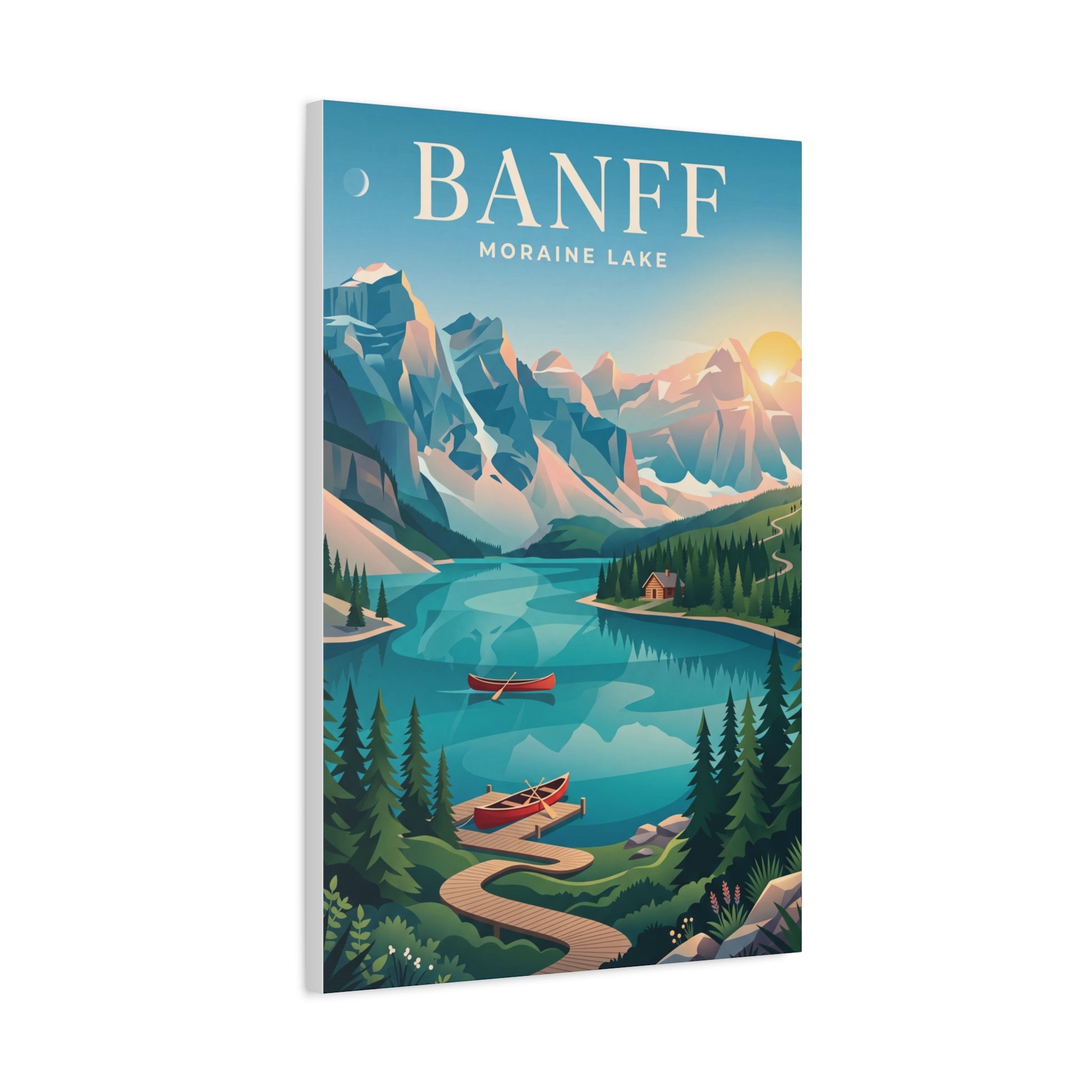 Matte canvas wall art with Banff Moraine Lake view, pine trees, and red canoes