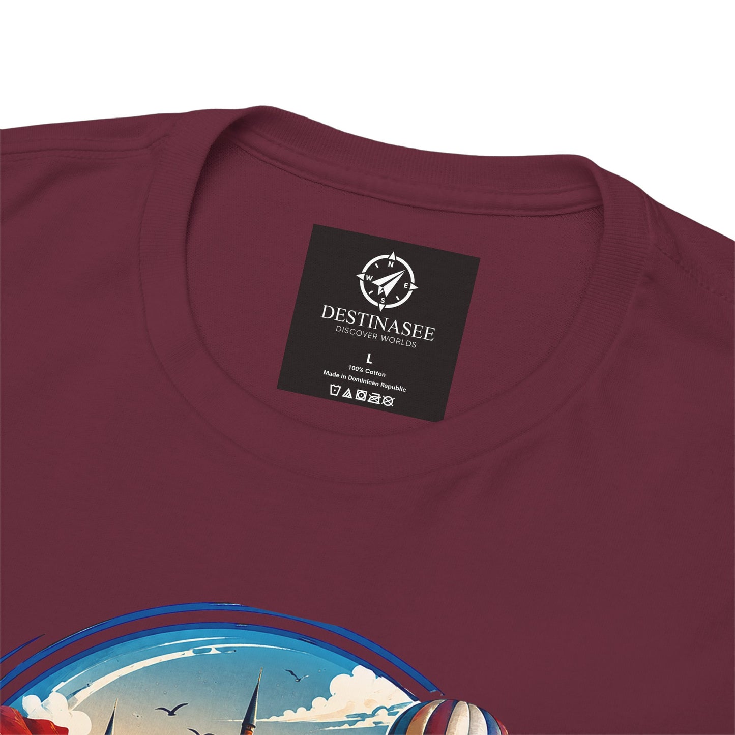 Maroon travel T-shirt, crew neck with small logo label and partial circular Turkey graphic
