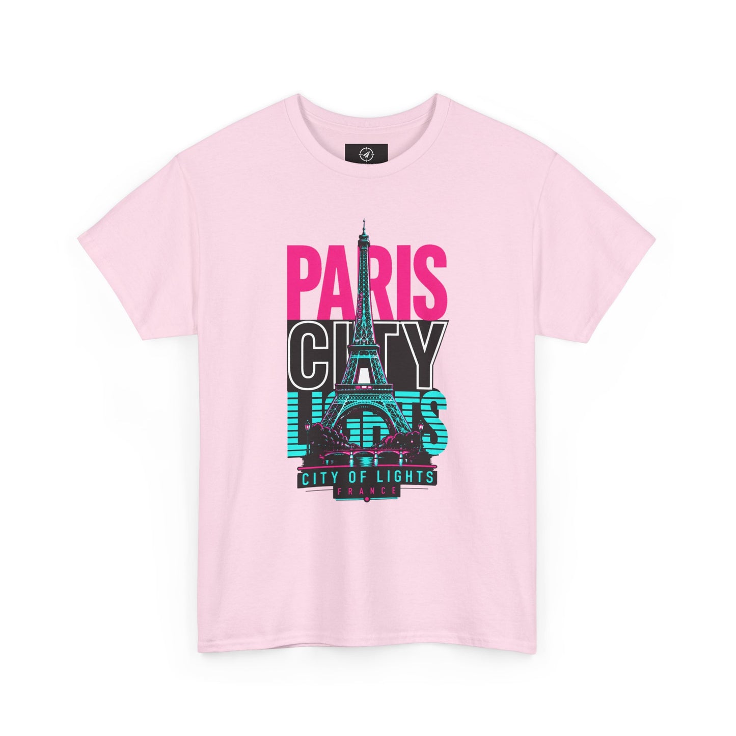 Light pink T-shirt with neon Eiffel Tower graphic and 'PARIS CITY LIGHTS' print