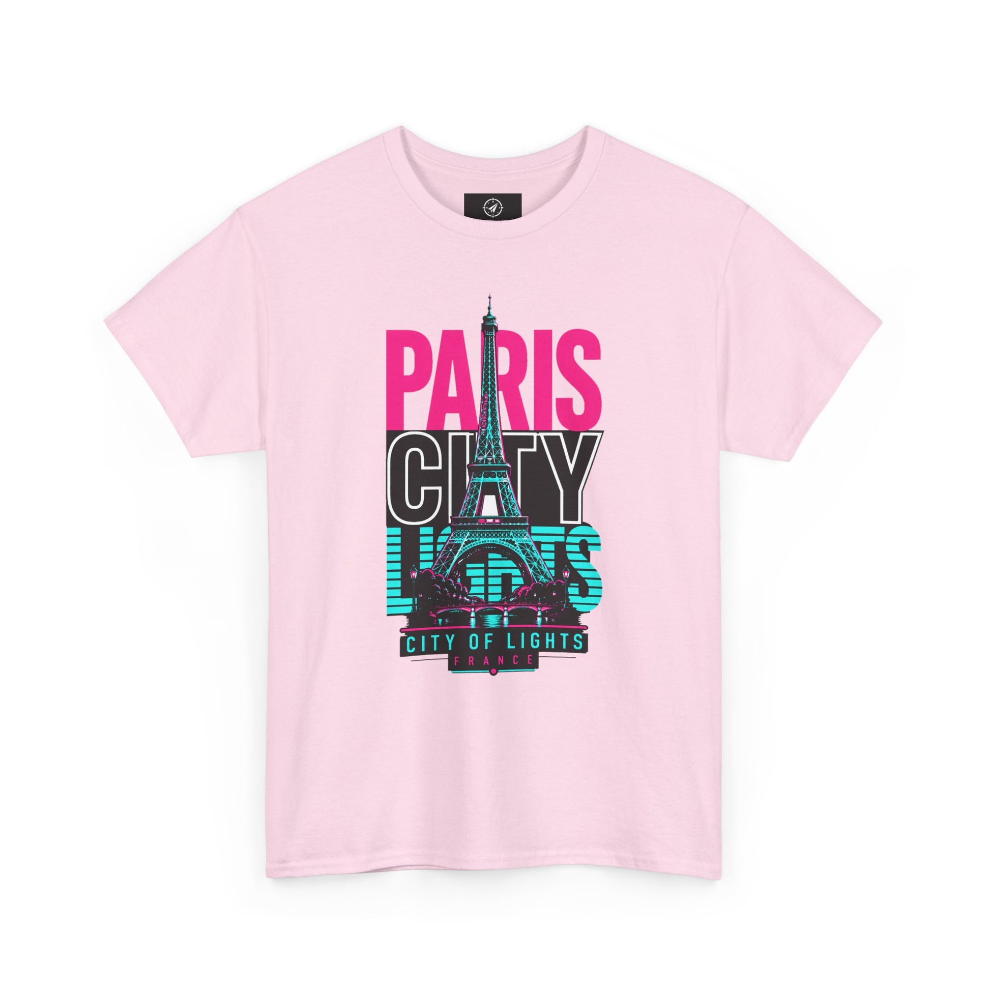 Light pink T-shirt with neon Eiffel Tower graphic and 'PARIS CITY LIGHTS' print