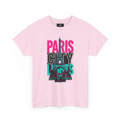 Light pink T-shirt with neon Eiffel Tower graphic and 'PARIS CITY LIGHTS' print