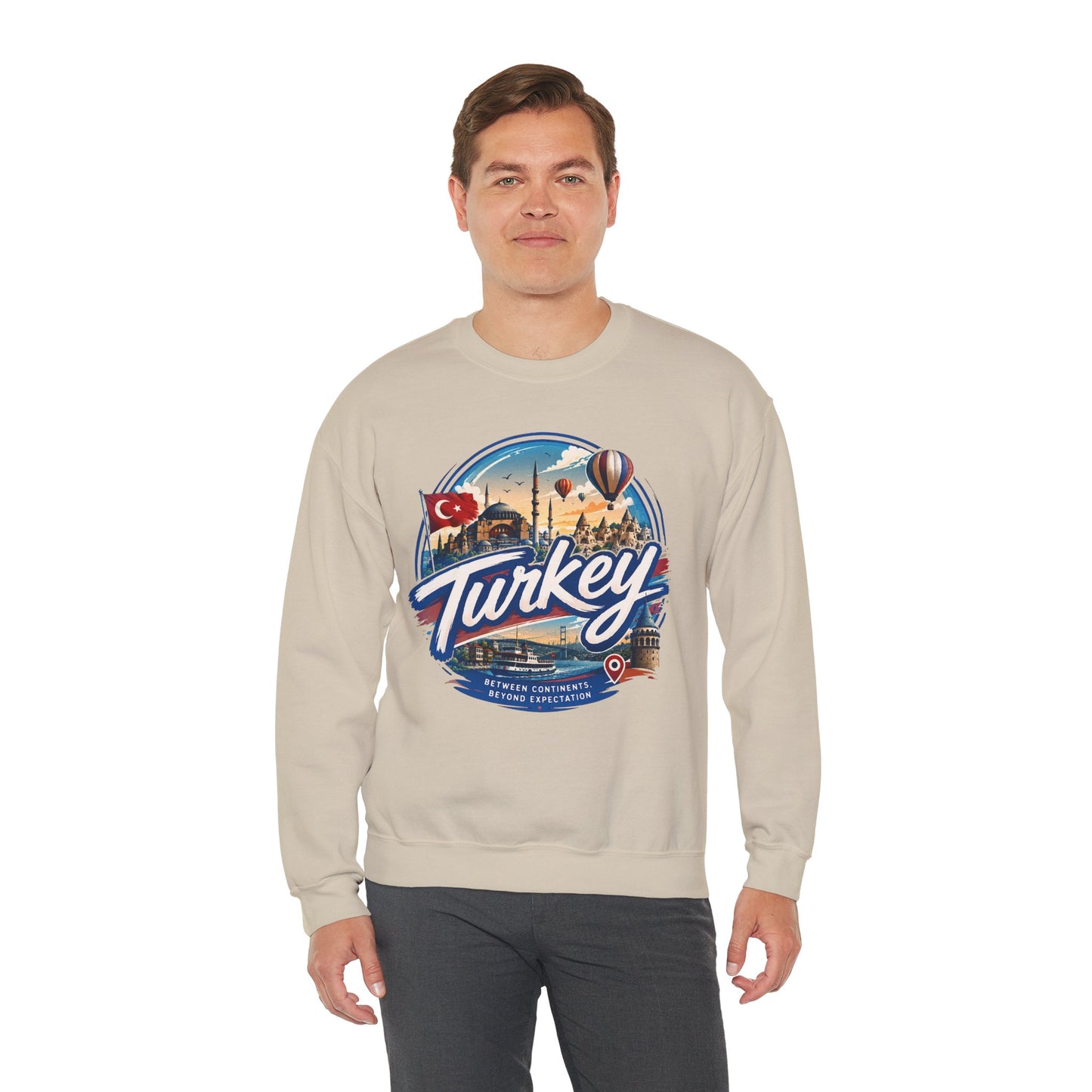 Light beige crewneck sweatshirt with large Turkey graphic on front, ribbed cuffs.