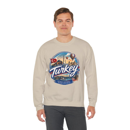 Light beige crewneck sweatshirt with large Turkey graphic on front, ribbed cuffs.